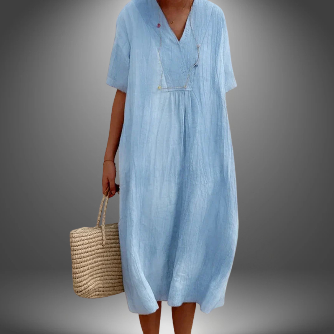 Marzanna – Sukienka z bawełny i lnu z dekoltem w szpiku