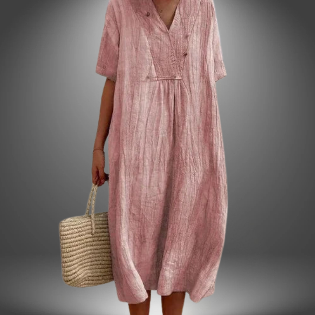 Marzanna – Sukienka z bawełny i lnu z dekoltem w szpiku